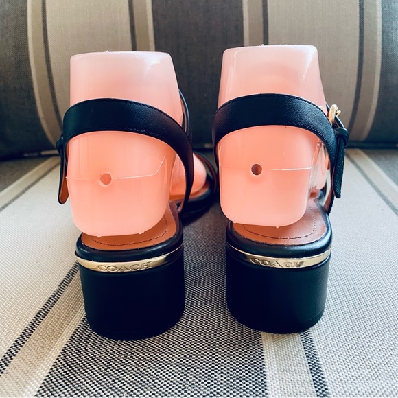 Coach Black Leather 2" Block Heel Gold Hardware Sandals Shoes Size 7 - Picture 4 of 13